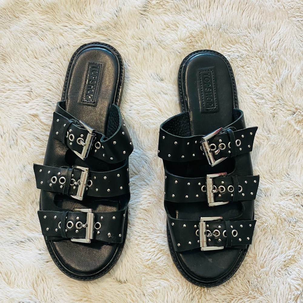 TOPSHOP Black Leather Trio-buckle Studded Sandals